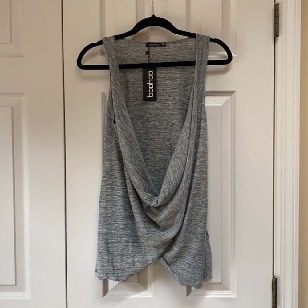 Gray top with plunging cowl neck
